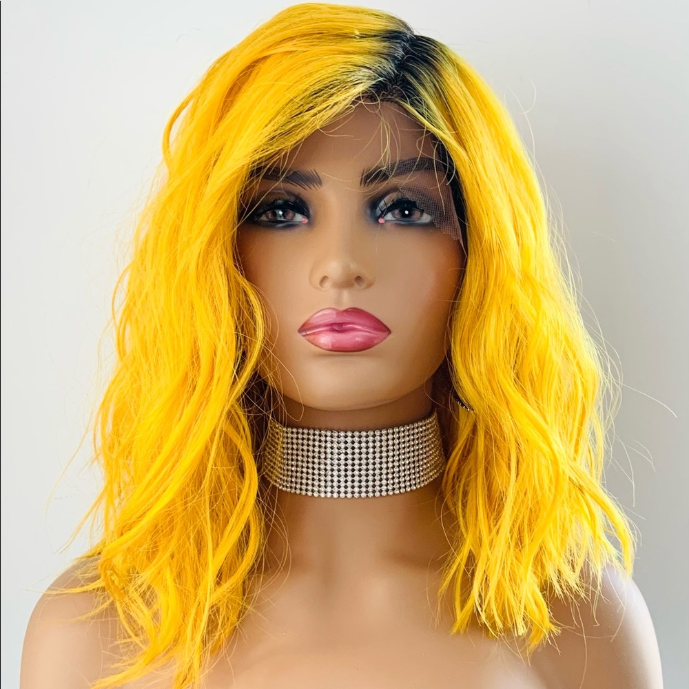 A Bright & Cheery 12” Deep Yellow Premium Fiber Lace Front Wig with Dark Roots 🌻